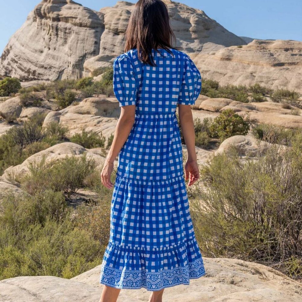 SOLD SZ Blockprints Tuckernuck Divya Cotton Midi Puff Sleeve Dress Gingham Blue - Picture 3 of 14